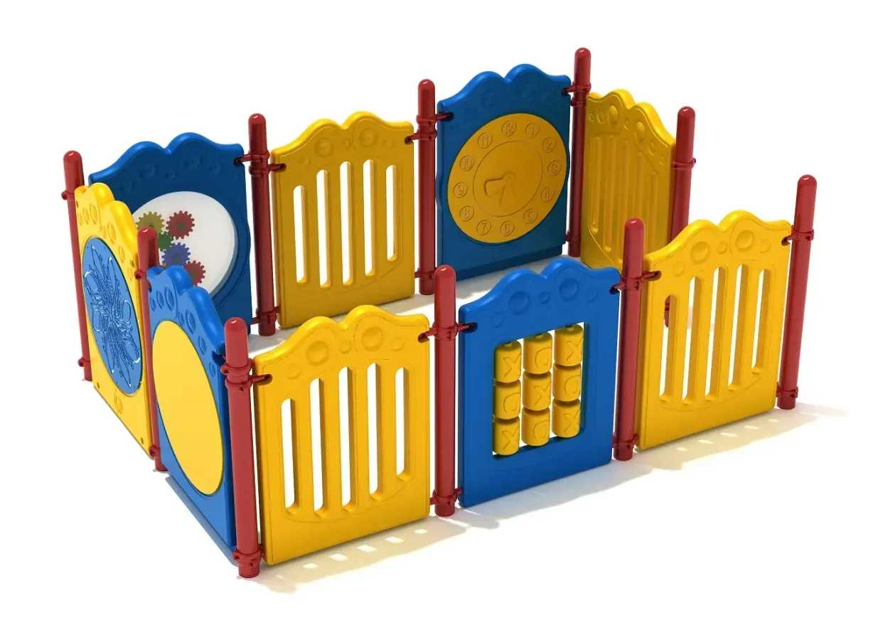 Colorful plastic playpen with blue, yellow, and red panels on a white background