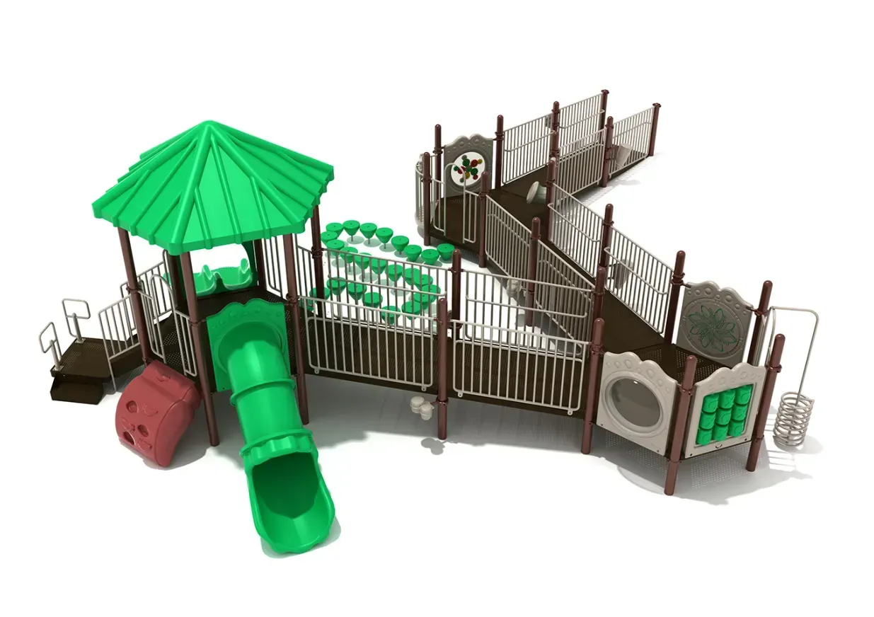 Colorful playground playset with green roof, tube slide, climbing platforms, and bridges
