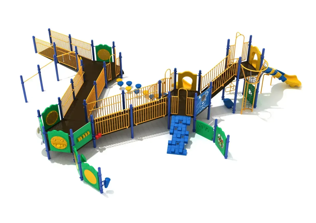 Colorful outdoor playground with slides, climbing ramps, bridges, and play panels