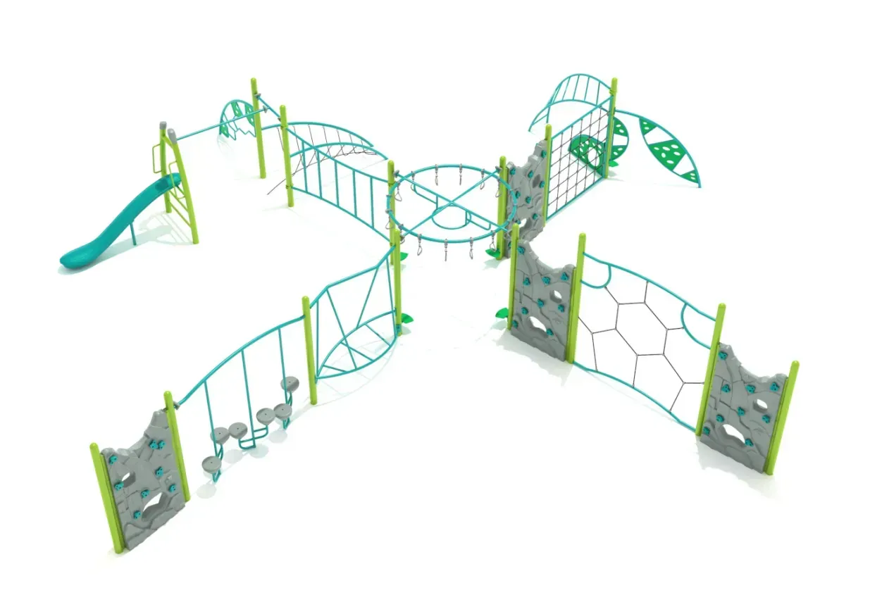 Colorful aerial view of a rope adventure playground with climbing nets, platforms, and slides