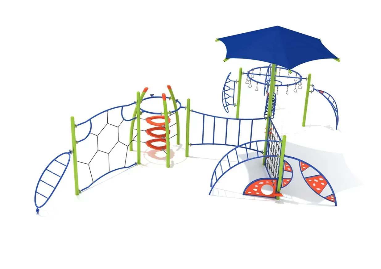 Colorful playground climbing structure with slides, rope bridges, and a blue canopy
