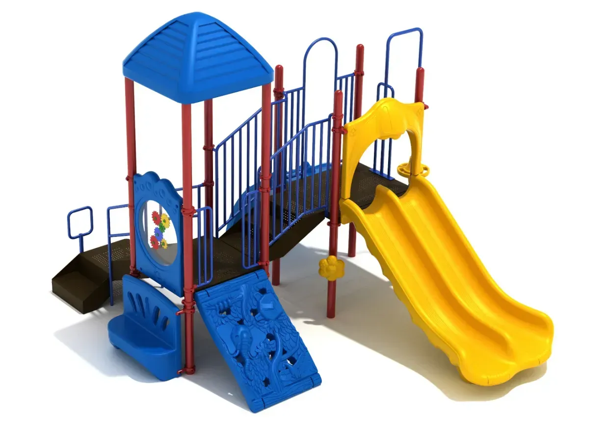 Colorful playground set with blue roof, climbing steps, and yellow slides on a white background