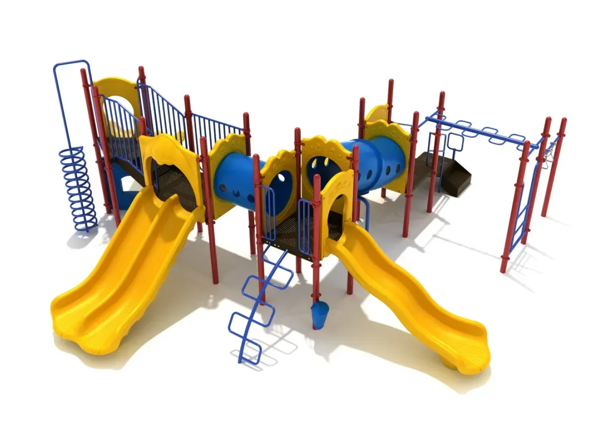 Colorful playground structure with two yellow slides, blue tunnels, and climbing bars on a white background