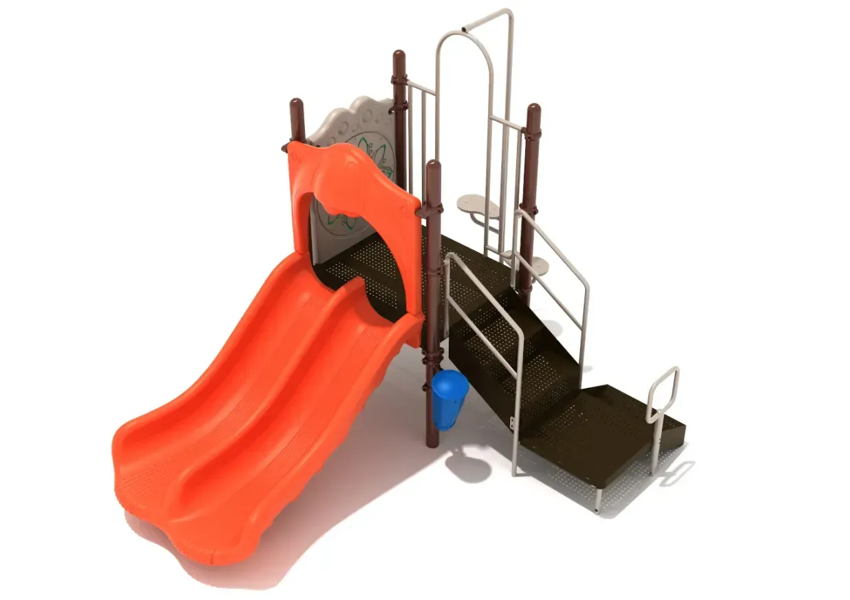 Toy playground model with orange slide, black stairs, and metal railings