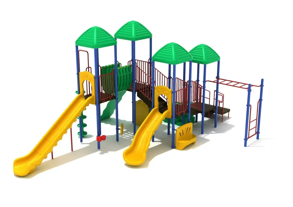 Colorful playground with yellow slides, green-roofed towers, bridges, and climbing bars