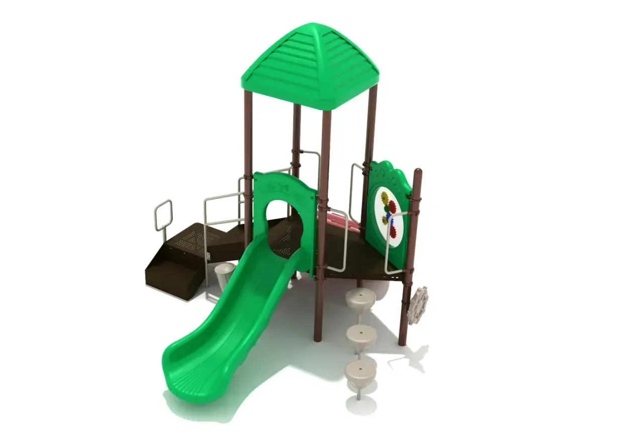 Green and brown playground playset with slide, climbing platform, and roofed tower on white background