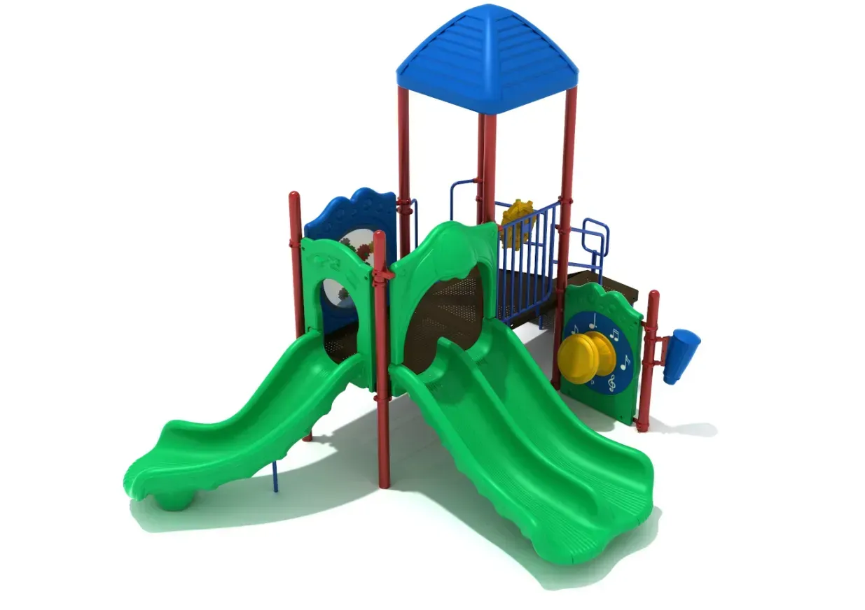 Colorful outdoor playground with green slides, blue roof, and climbing structure