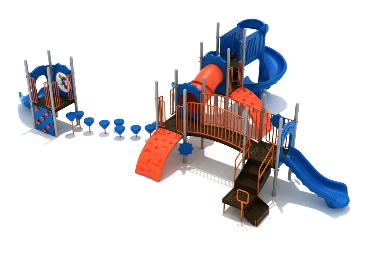 Children’s playground with blue and orange climbing structures, slides, bridges, and stepping pods