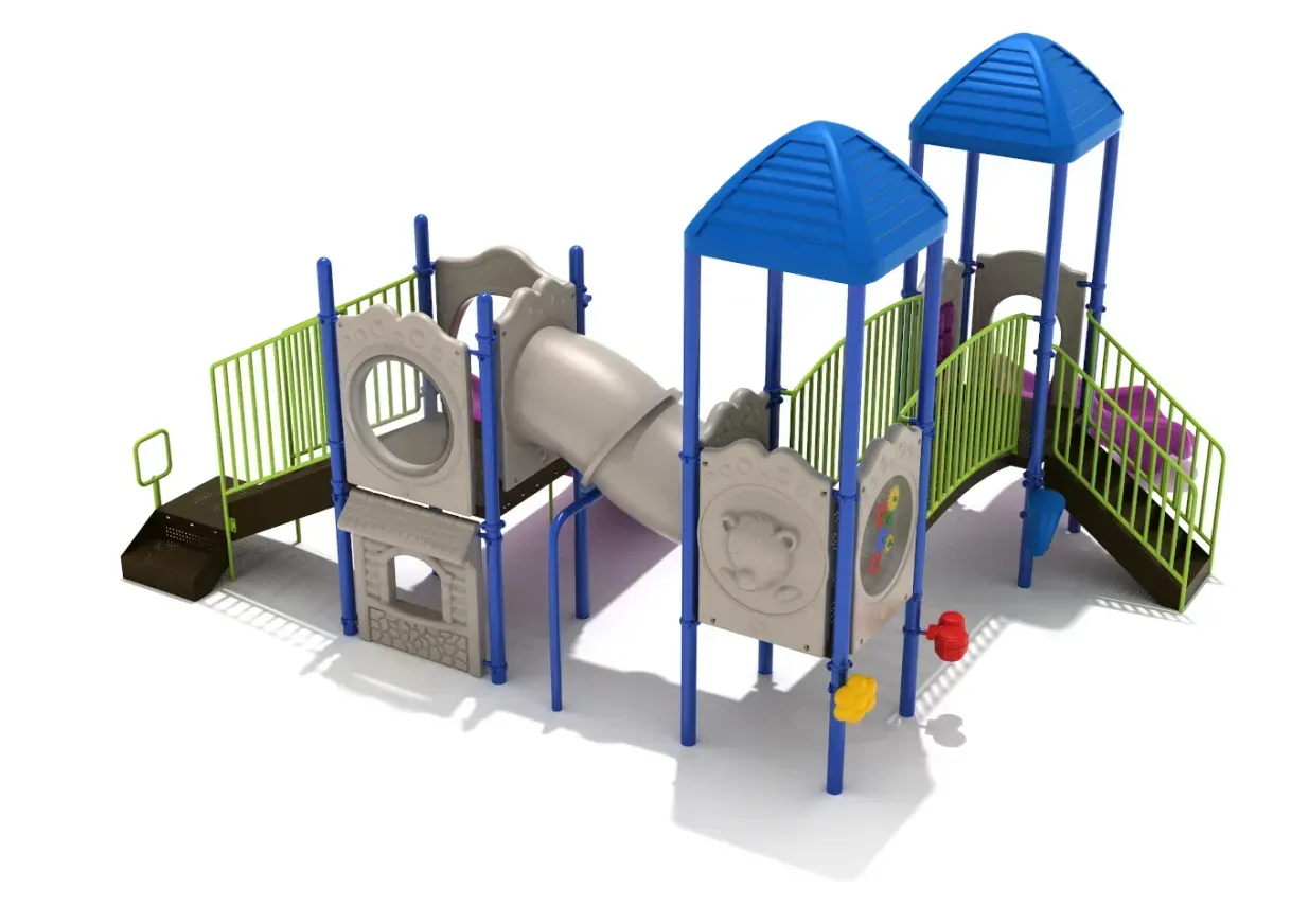 Colorful outdoor playground structure with slides, stairs, and climbing platforms on a white background