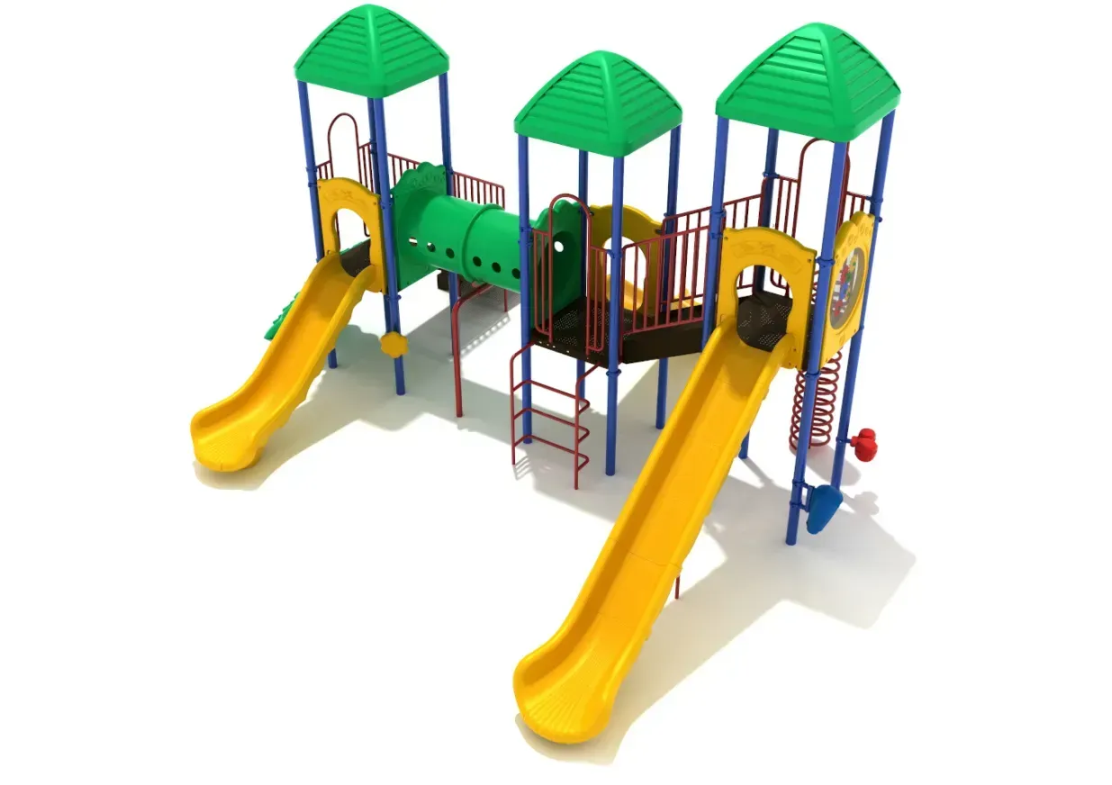 Colorful playground structure with two yellow slides, climbing panels, and green-roofed towers