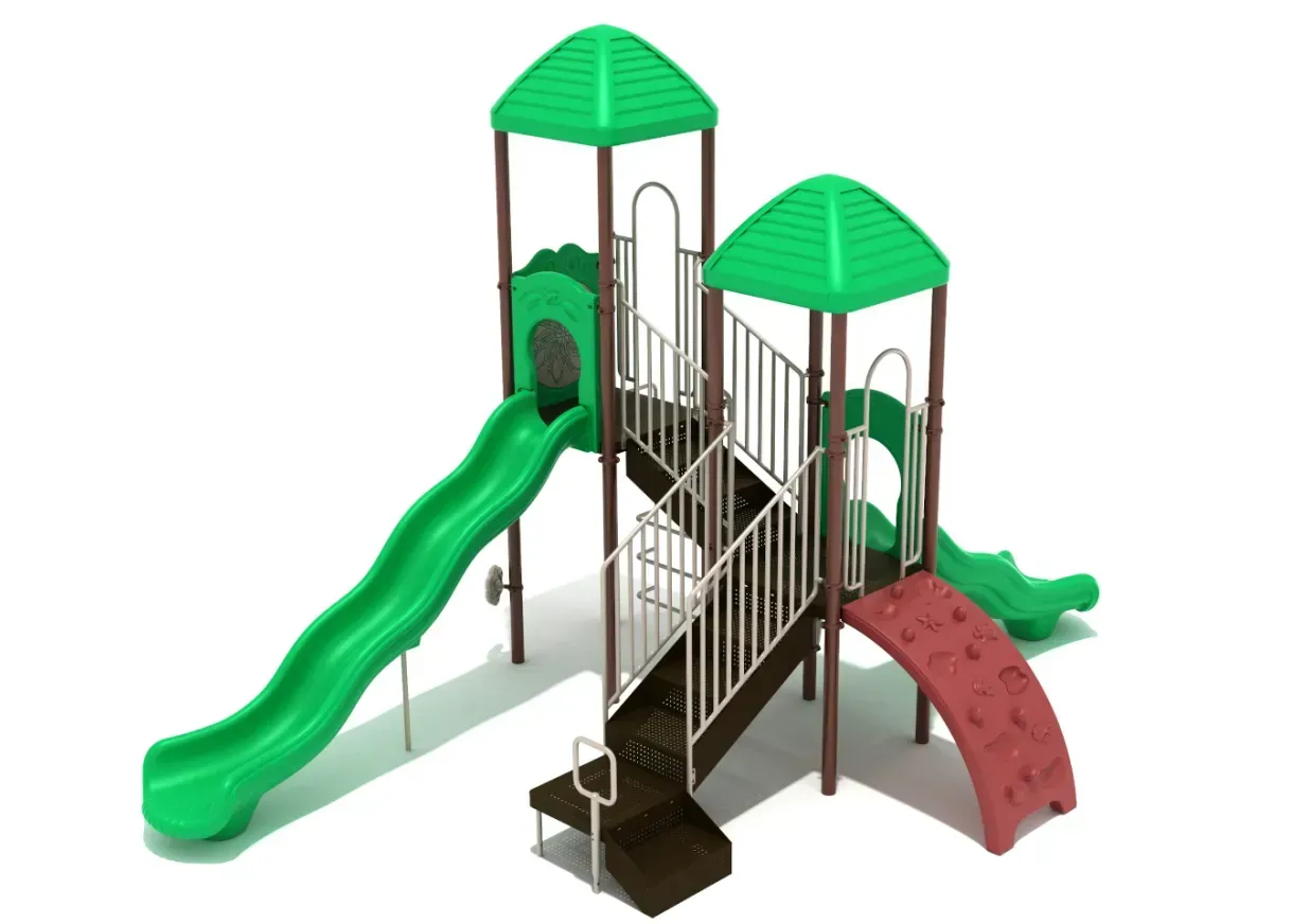 Colorful outdoor playground with green slides, stairs, and a red climbing arch platform