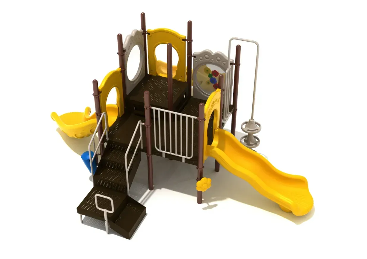 Playground climbing structure with yellow slides and stairs on a brown frame and black platform