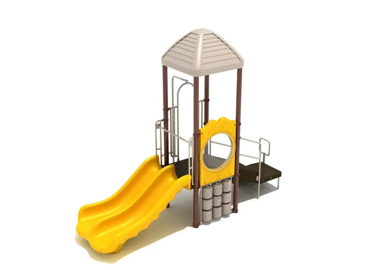 Playground tower with yellow slide, circular window, and platform railings