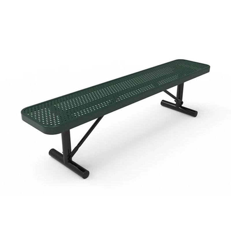 Green metal bench with perforated seat and black legs.