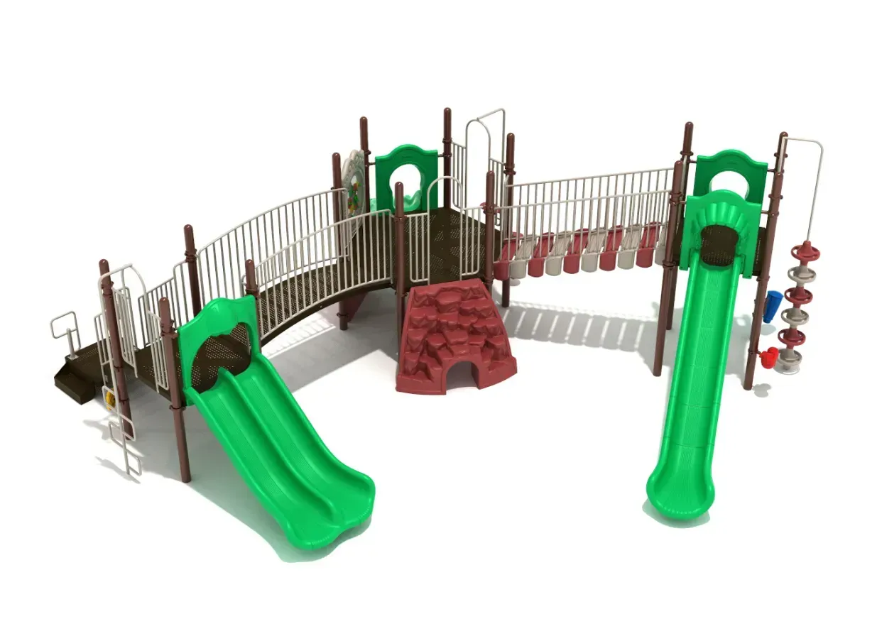Playground playset with green slides, bridges, and red climbing steps on a white background