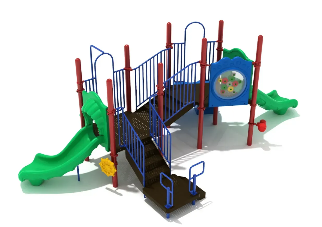 Colorful playground structure with green slides, blue rails, red posts, and a ramp on a white background