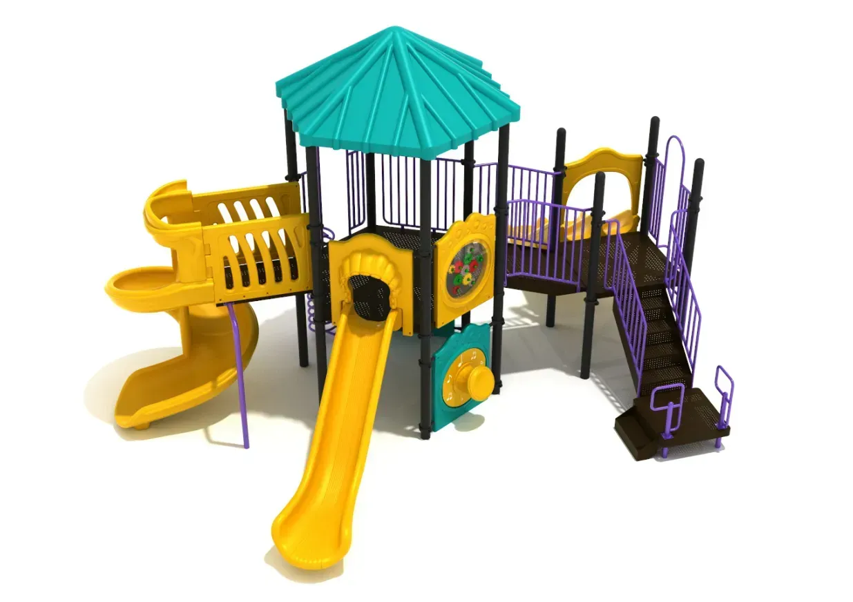 Colorful playground playset with yellow slides, teal roof, and purple stairs and railings.