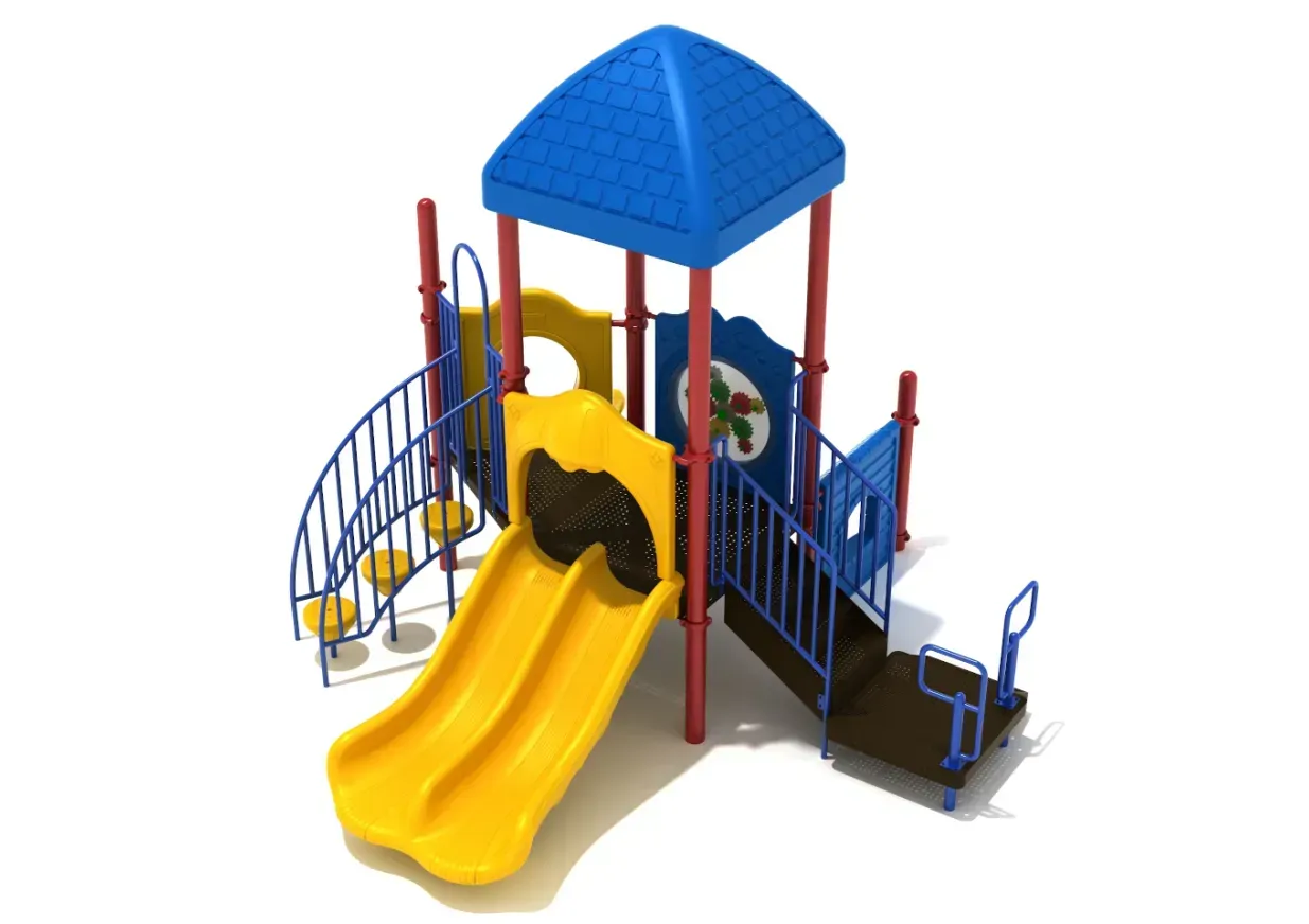 Colorful playground structure with blue roof, yellow slides, and stairs on a white background