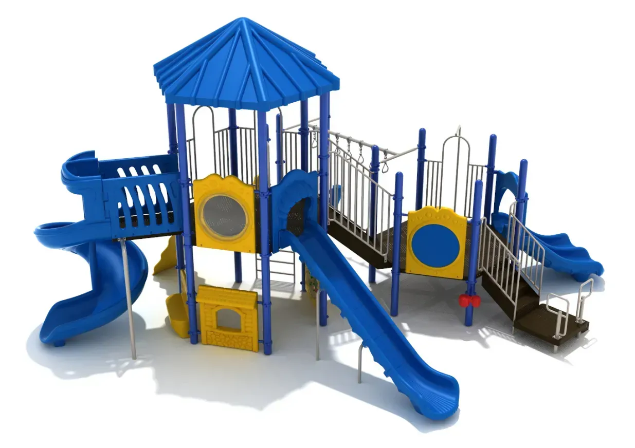 Blue and yellow playground structure with slides, climbing areas, and a canopy roof on a white background