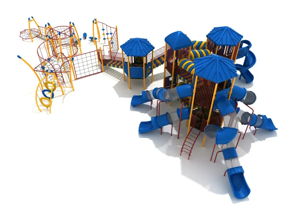 Colorful outdoor playground with blue-roofed play towers, slides, bridges, and climbing structures