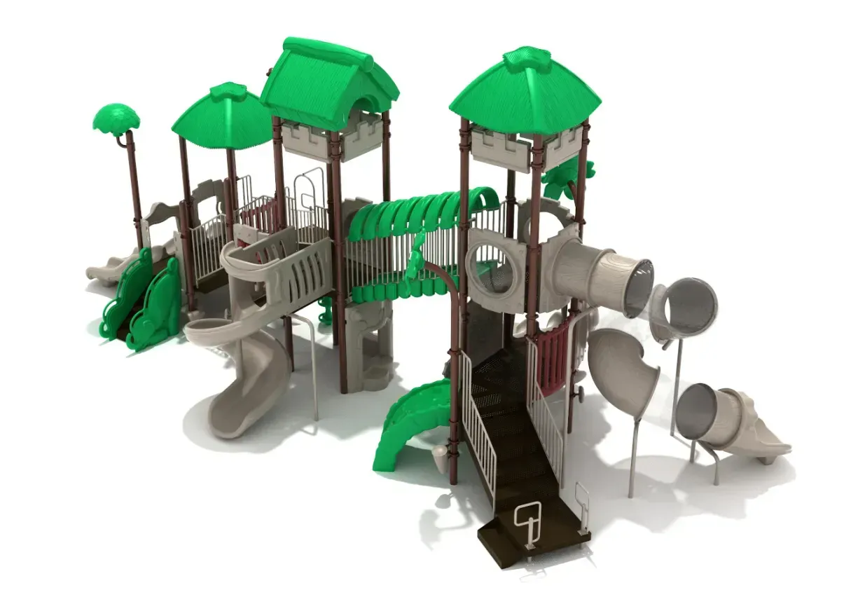 Large gray-and-green playground structure with slides, tunnels, and climbing platforms
