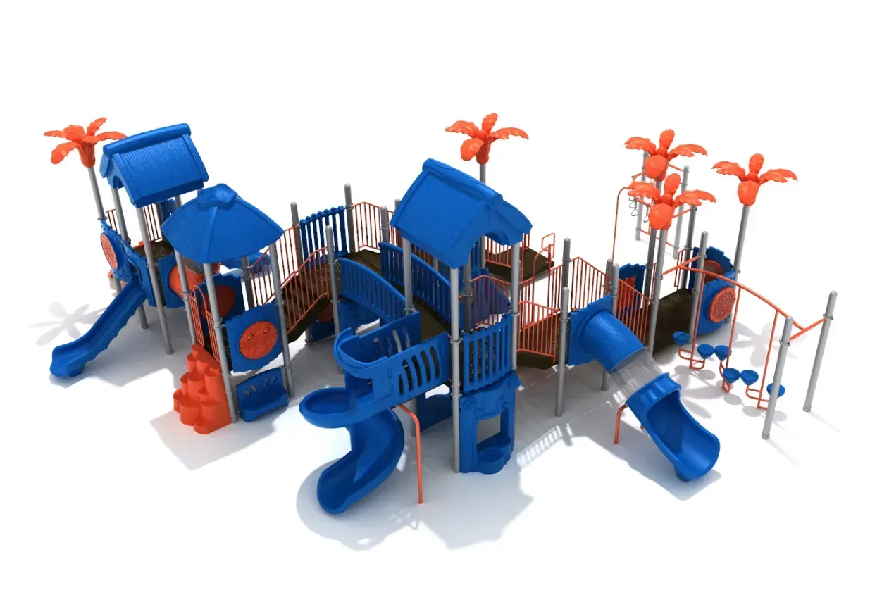 Blue and orange playground playset with slides, bridges, and climbing structures