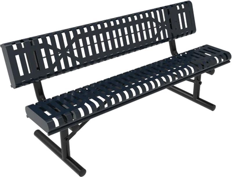 Black metal bench with slotted seat and back.