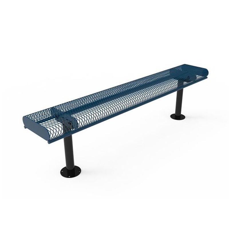Blue metal bench with curved ends, supported by two black posts on a white background.