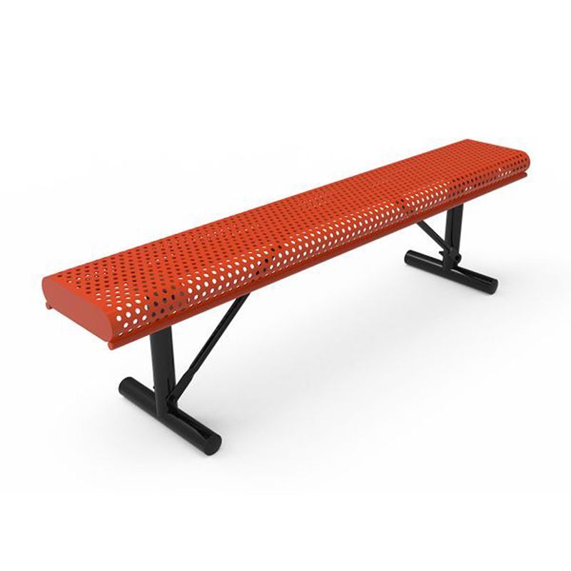 Orange metal park bench with perforated seat and black legs.