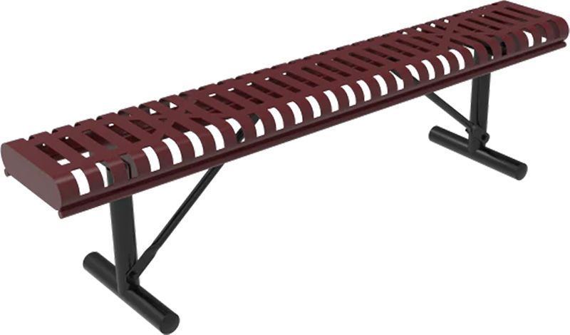 Red metal park bench with black legs, sitting outdoors.