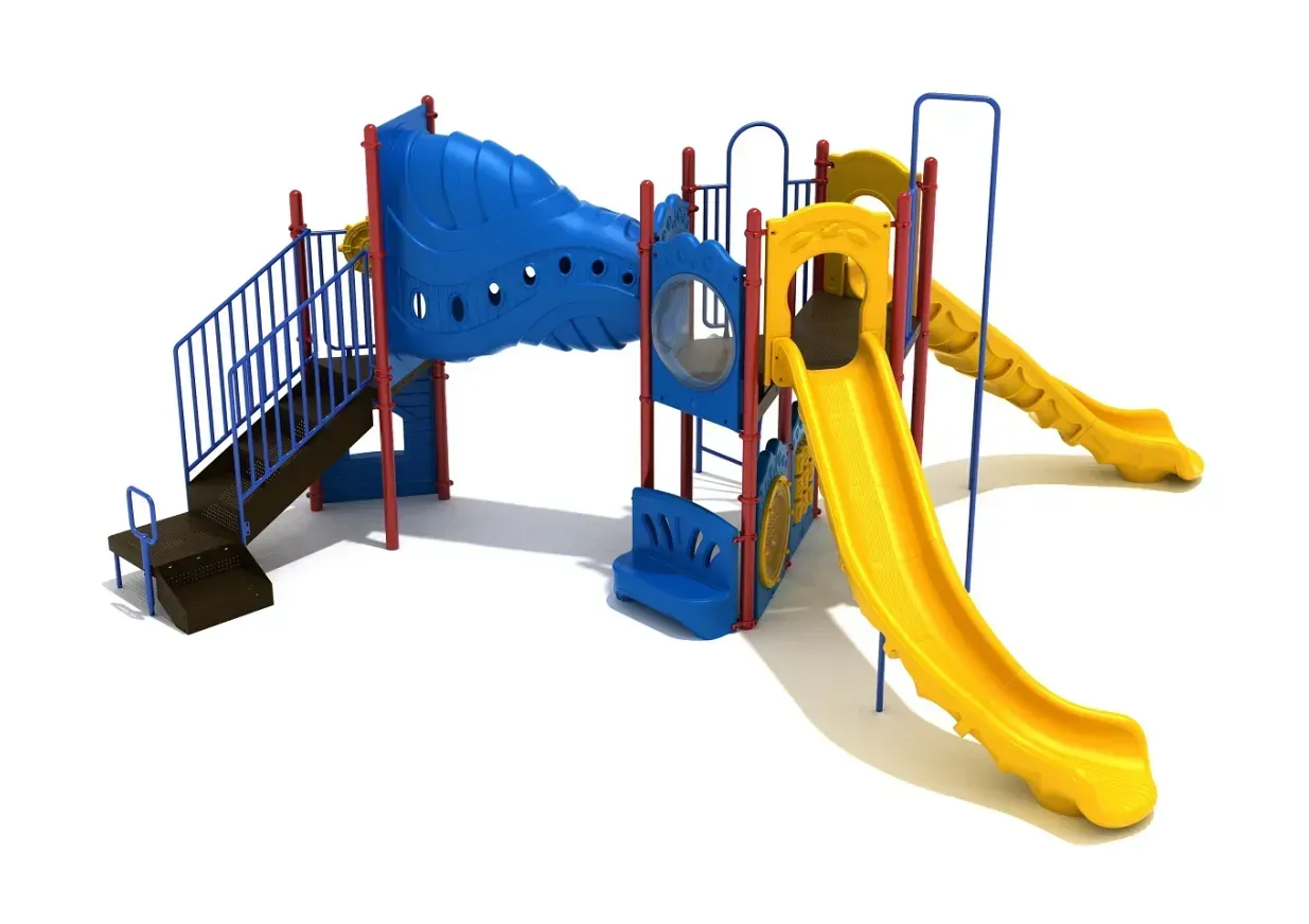 Colorful playground structure with slides, stairs, and climbing ramps on a white background