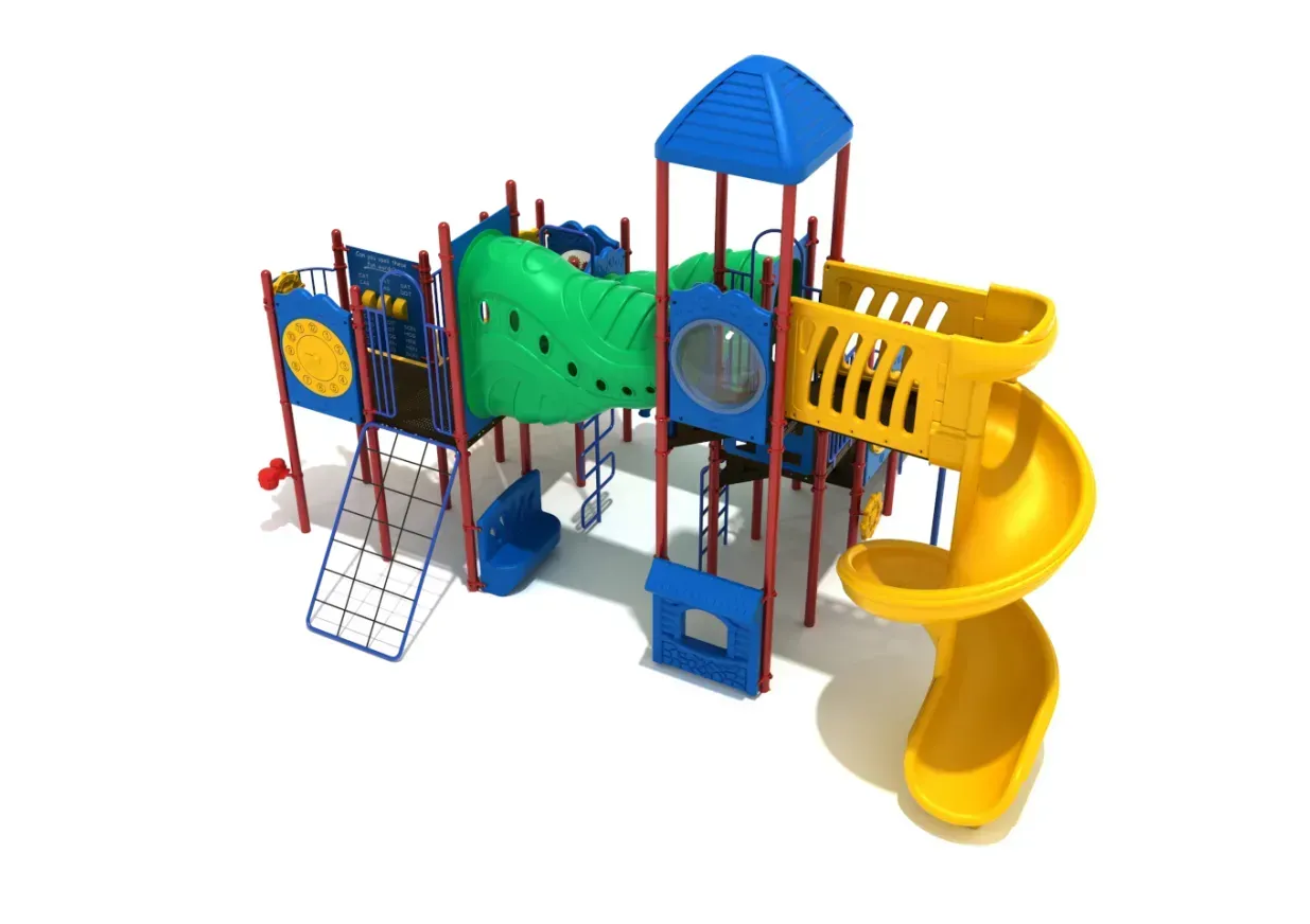 Colorful playground play structure with slides, ladders, and climbing panels on a white background
