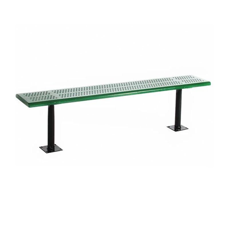 Green metal bench with perforated seat, black legs, and mounting base.