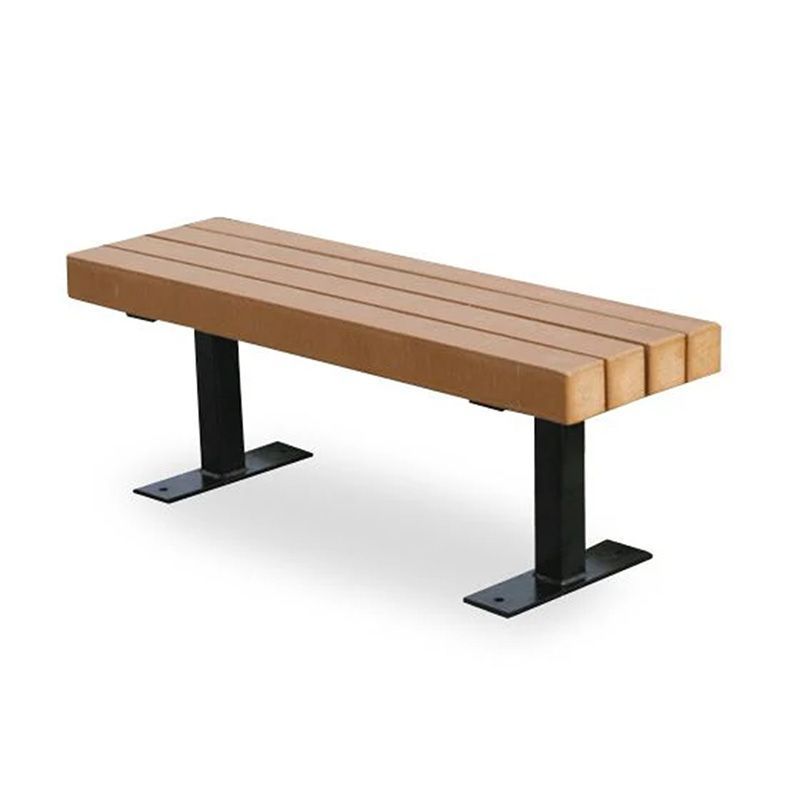 Brown bench with black legs. Outdoor setting.