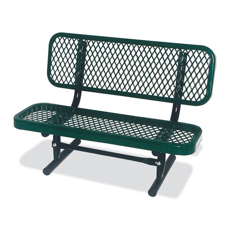 Green metal bench with diamond-patterned seat and back, on a white background.