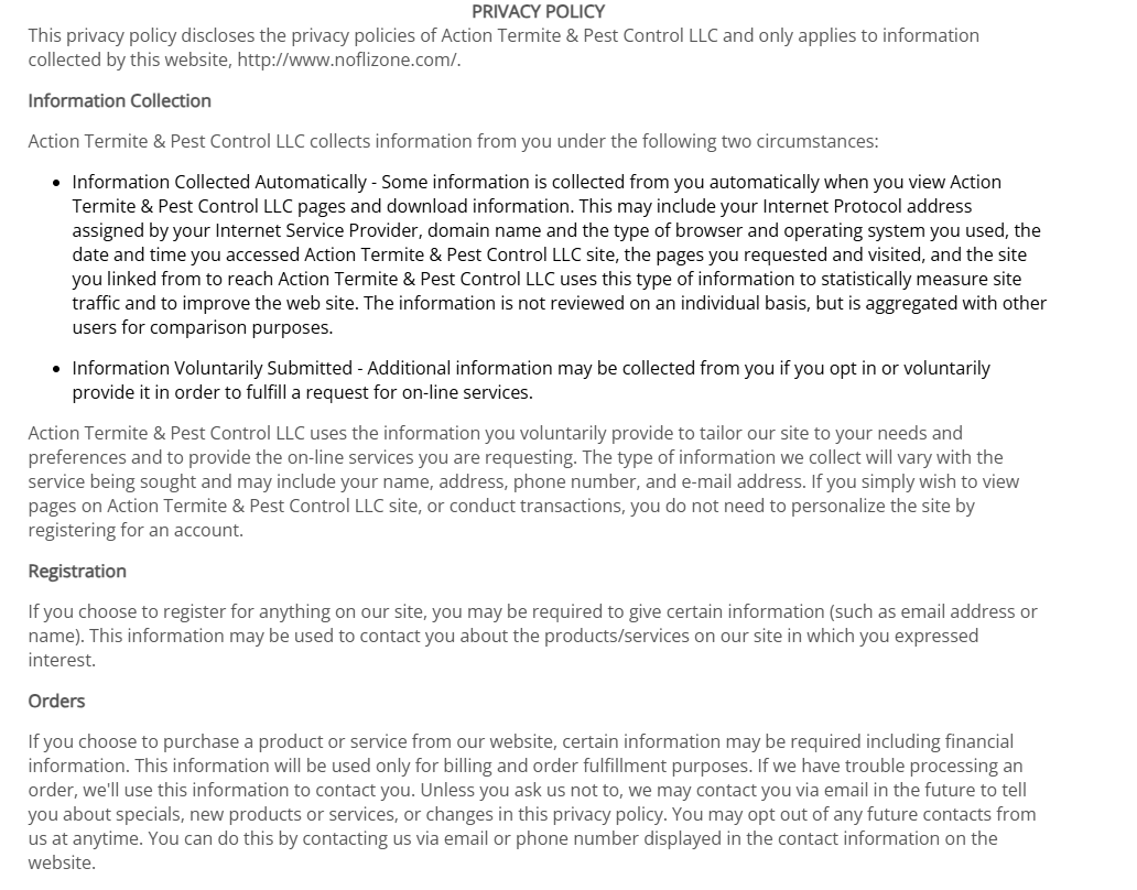 Privacy policy document for Action Termite & Pest Control, detailing information collection, usage, registration, and orders.