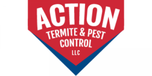 Red and blue shield-shaped logo for Action Termite & Pest Control, LLC with white text.