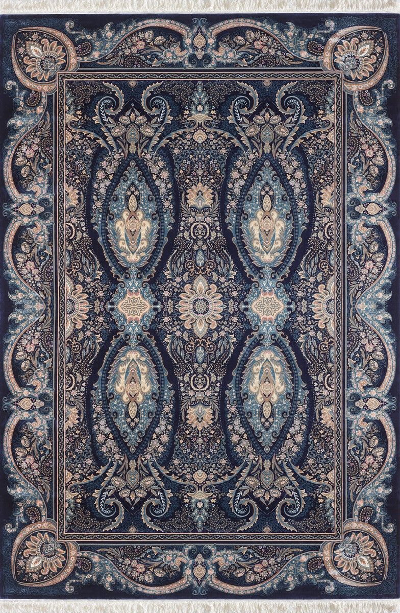 A blue rug with a floral pattern and fringe on a white background.