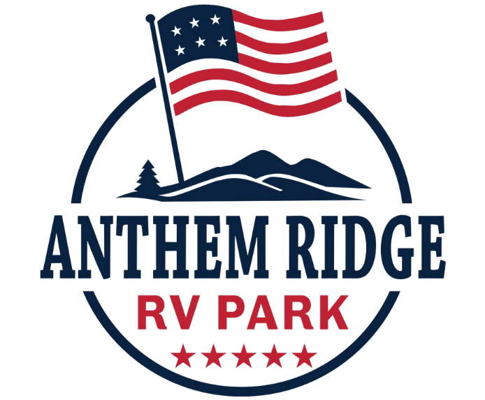 Logo for Anthem Ridge RV Park featuring a mountain silhouette, an American flag, and five stars in navy and red.
