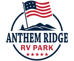 Logo for Anthem Ridge RV Park featuring a mountain silhouette, an American flag, and five stars in navy and red.