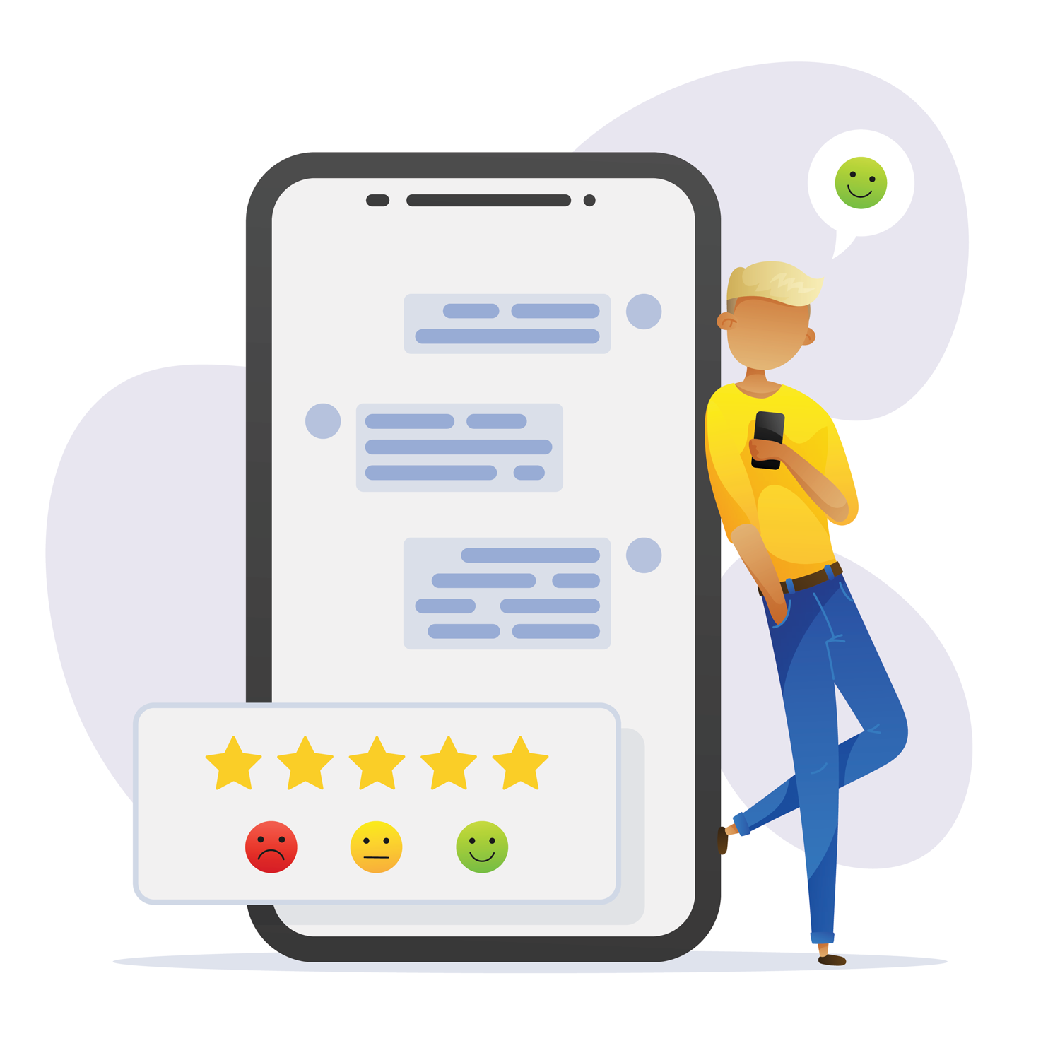 Man by phone, rating app with 5 stars. Happy face bubble.
