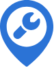 Blue map marker with wrench icon.