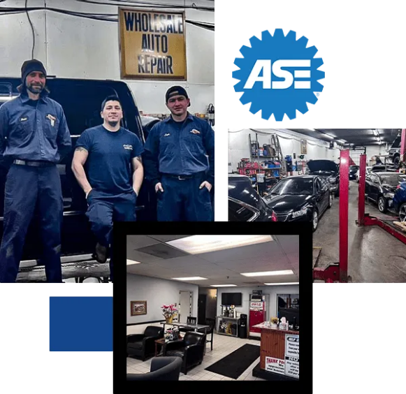 Mechanics posing by a truck, ASE logo, shop interior, waiting room.