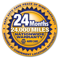 NAPA Auto Care warranty emblem: 24 months/24,000 miles nationwide warranty, gold and blue design.