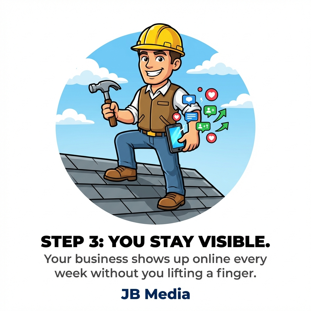 Cartoon of a construction worker on a roof with a hammer and phone, representing online visibility.