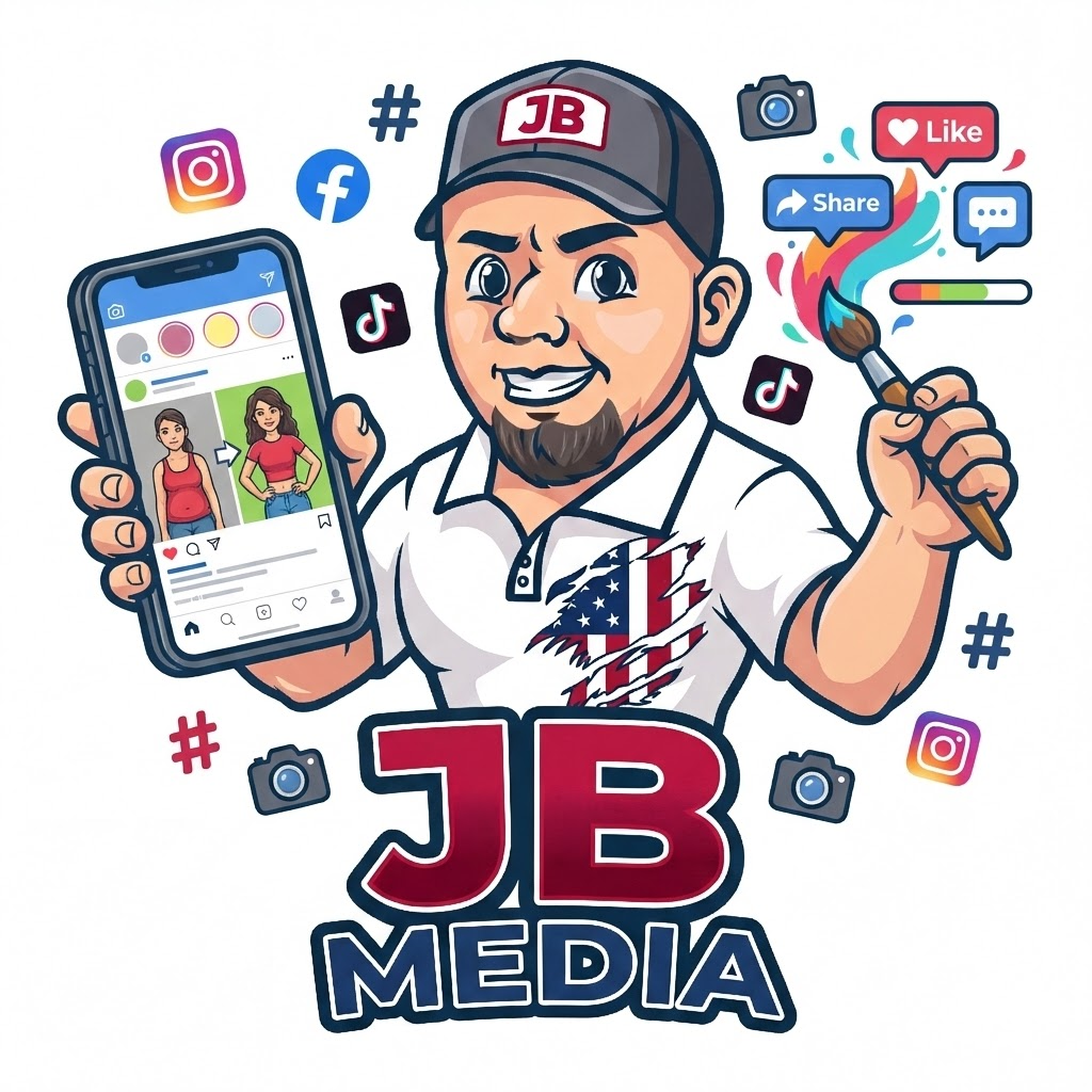 Cartoon man holding phone with social media feed, painting media symbols. JB Media logo.