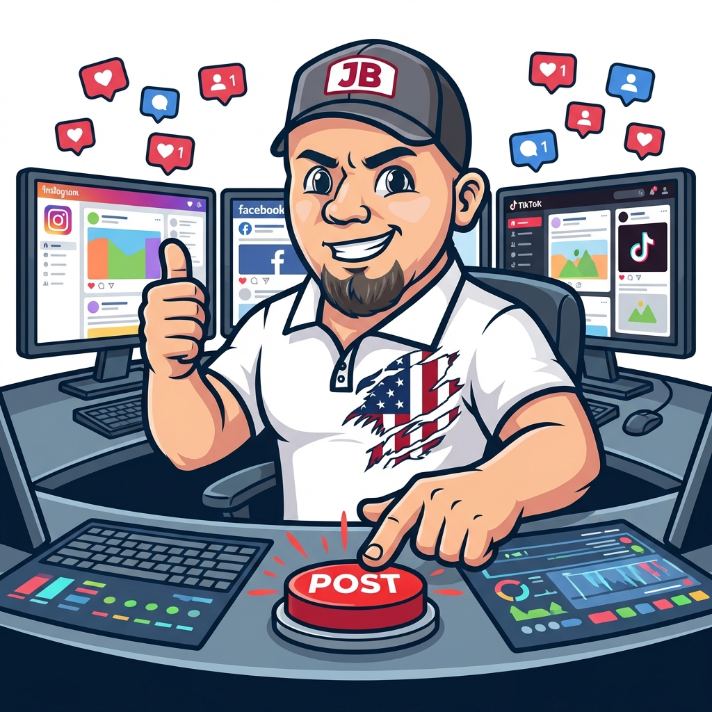 Cartoon man in front of computer monitors, pushing a 