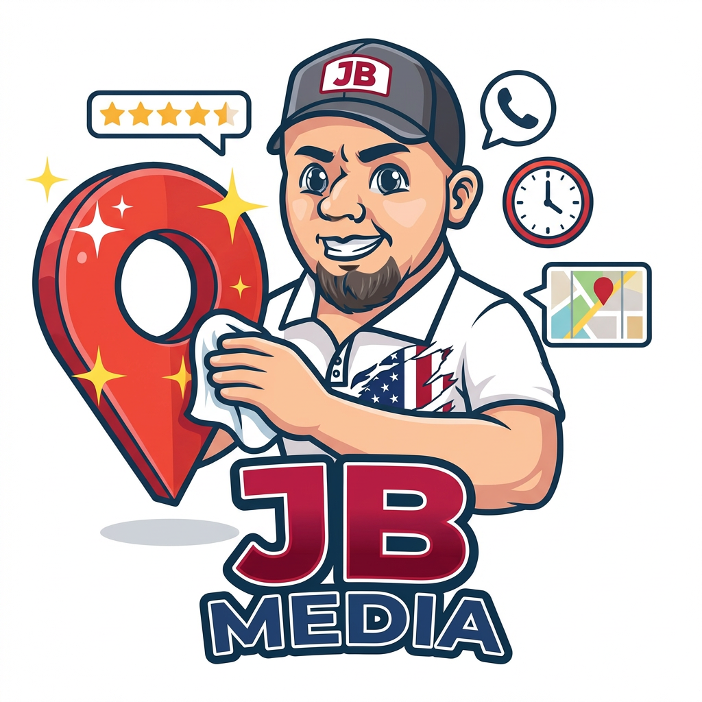 A man with a hat, holding a cloth and cleaning a location pin. JB Media logo with icons.