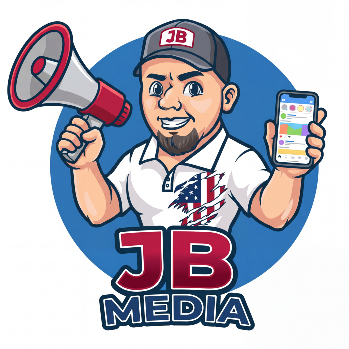 JB Media Character holding a megaphone and phone with color palette; "JB Media" logo in front of blue circle.