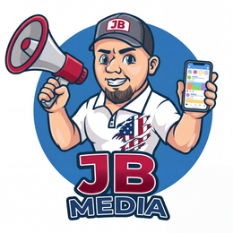 Man holding a megaphone and a phone with color swatches. Blue circle background with 